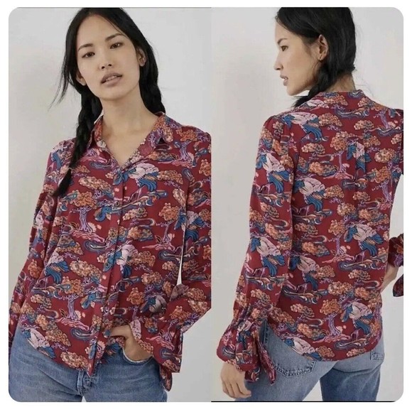Anthropologie Maeve 8 Darla Floral Crane Bird Blouse Button Front Top - Picture 7 of 7